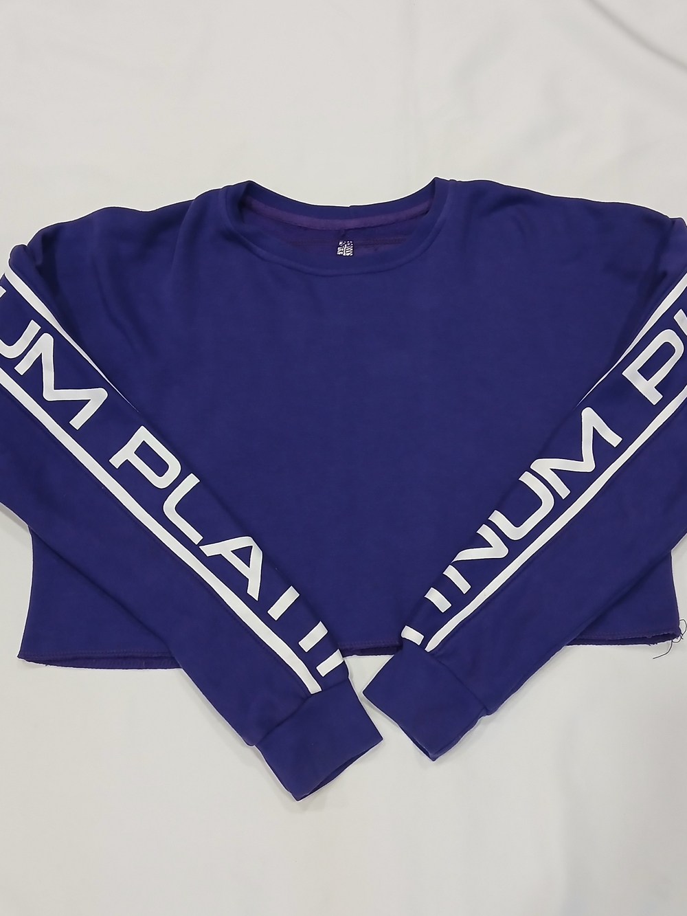 Y2K Streetwear Purple Crop Top Sweatshirt White Taped Sleeves/Back Raw Hem L/XL